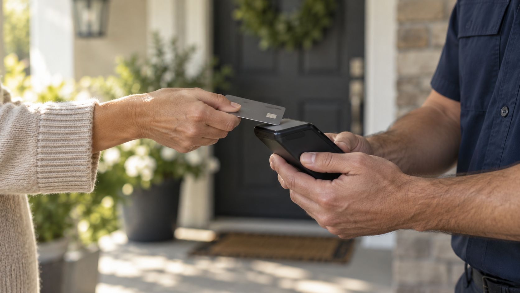 A homeowner tapping a card on a handheld terminal held by a technician on a front porch