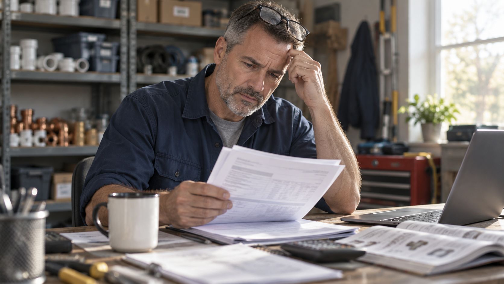 A plumbing company owner reading a long processor statement at his shop desk