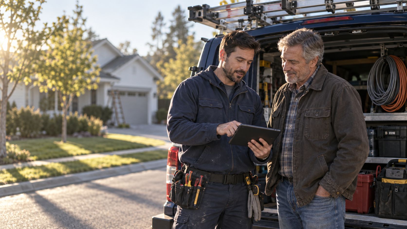 An electrician and shop owner reviewing a tablet at the tailgate of their work van
